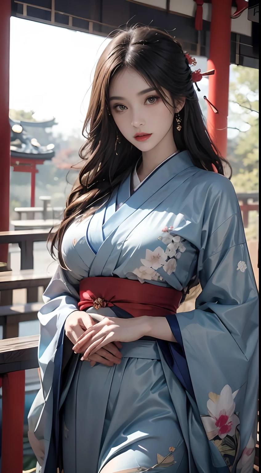 Santuario de Japón、Vistiendo un kimono azul、Motor irreal:1.4,nffsw,la mejor calidad:1.4, Photorealista:1.4, textura de la piel:1.4, ​obra maestra:1.8, 1 mujer, caderas en alto, hermosos ojos, el de pelo largo, ojos anillados, joya, El tatuaje, Kimono