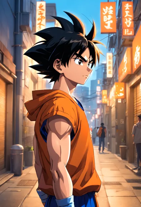 (Realistic,fotorrealista:1.37),ultra-detalhado,Detailed illustration of Goku(circunstanciado,emocional,Expressivo,feature),com roupas estilo streetwear(fashionable,Urbano,casual),Standing alone in a narrow alley(sombrio,corajoso,Urbano),criado com sombream...