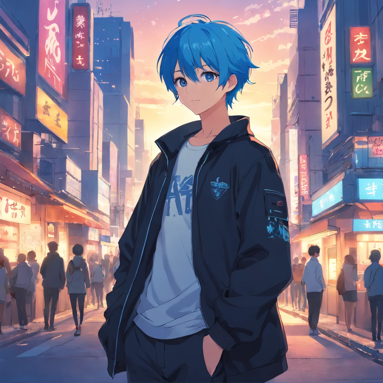 A man with blue hair standing in a city street - SeaArt AI