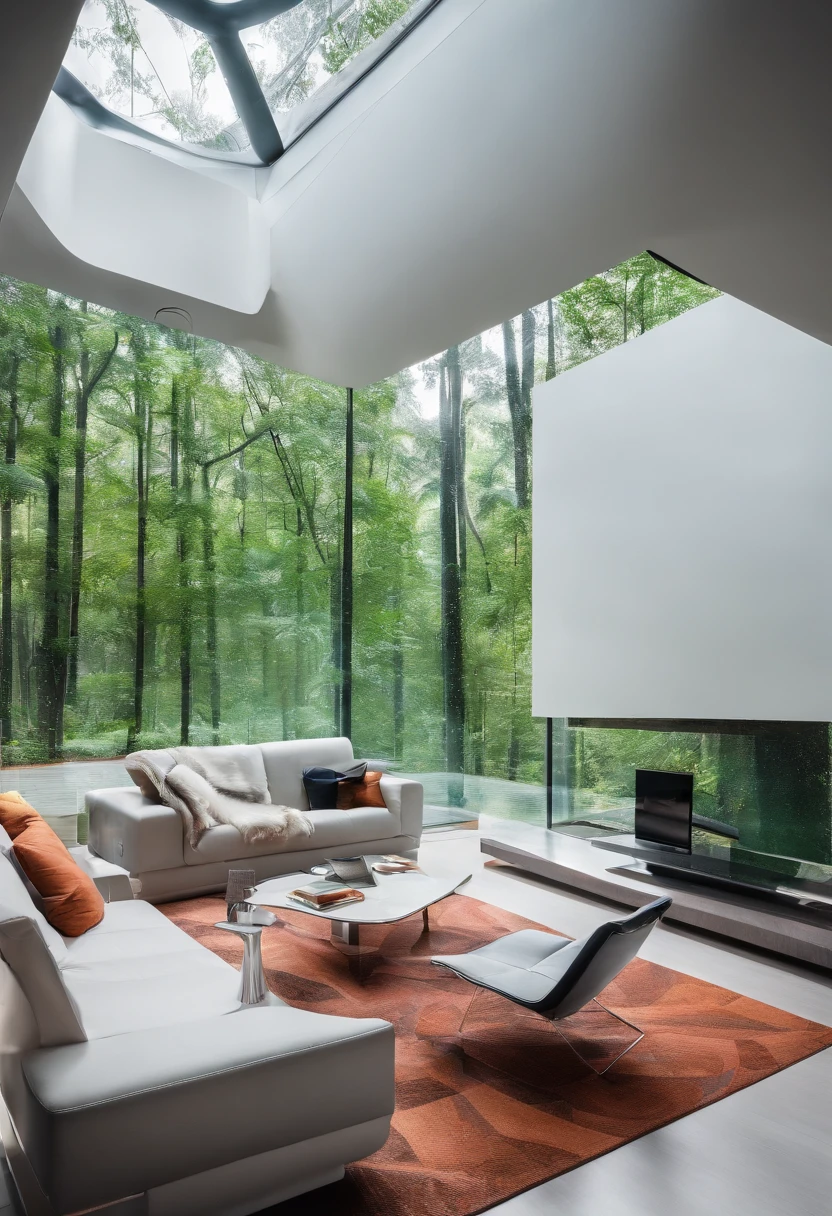 Modern and comfortable living room, There are wall-sized windows, On the other side of the window is the rainforest, Under the storm.