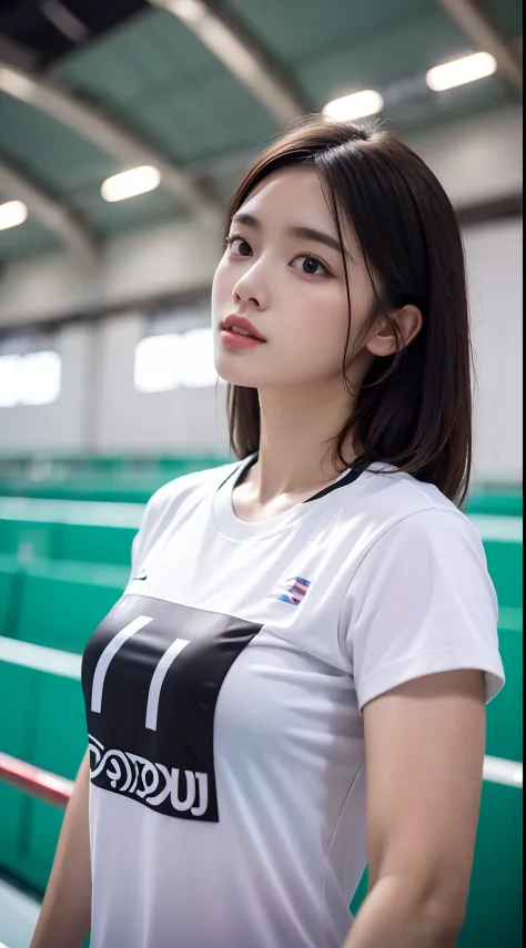 Masterpiece, best quality, high quality, 8k, UHD, Arafed a beautiful women, indoor stadium, solo, sport t-shirt, eyelid, white skin, black hair, open thgh, (fater:1.2