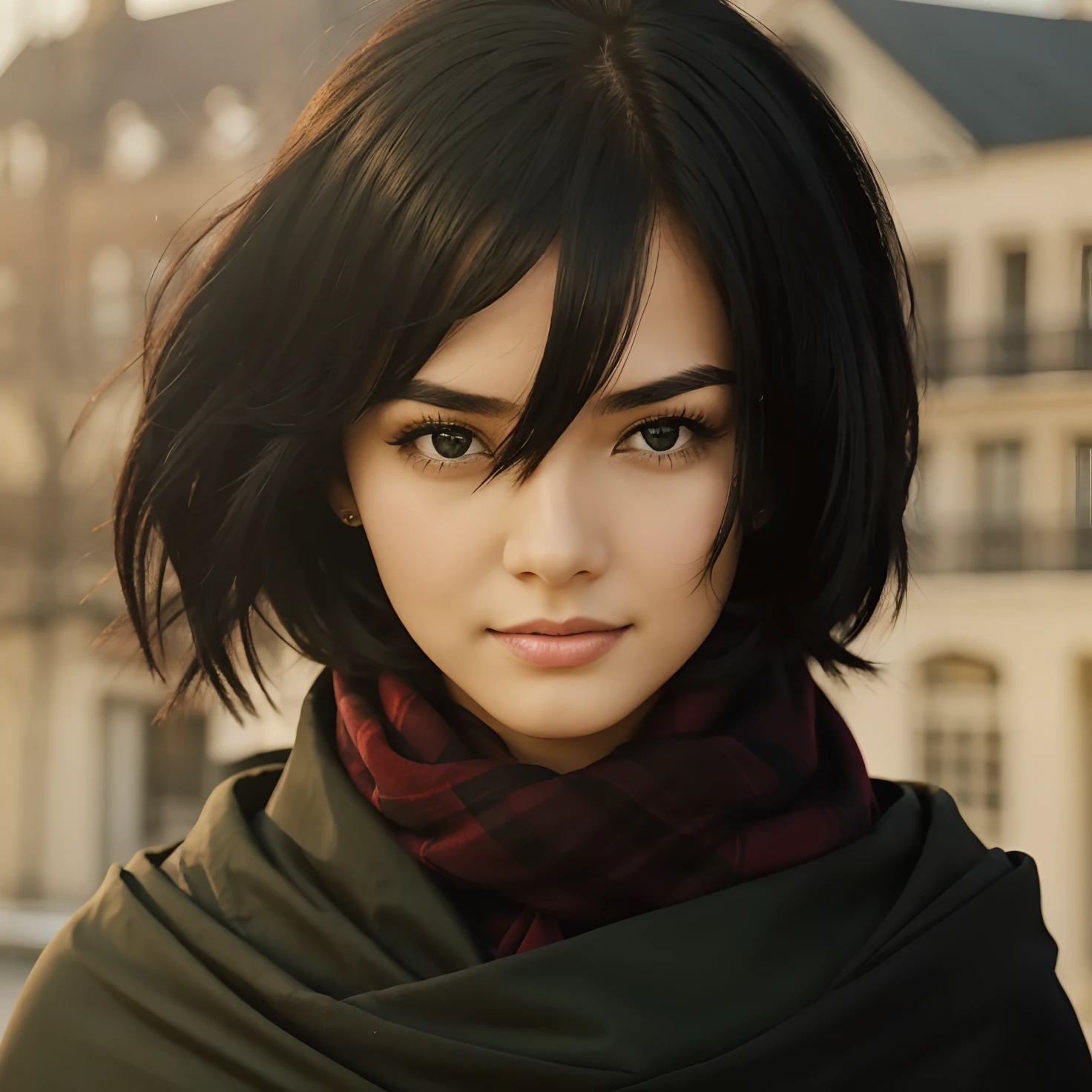 1lady, young, black hair, black eyes, red scarf, green cloak