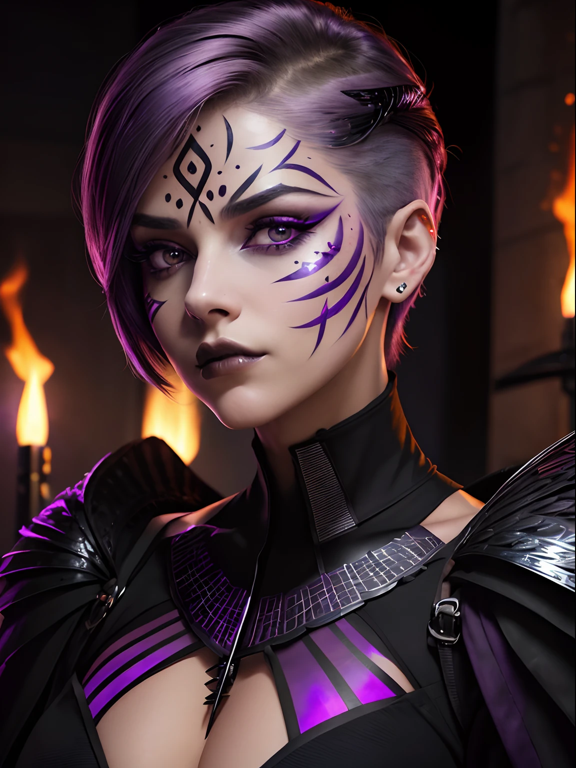 ((1woman 38yo)), ((very realistic)), ((short hair, violet hair with silver highlights)), ((gradient hair)), violet eyes, (((red-orange warpaint, tribal facepaint))), small breasts, full lips, pouty lips, (face focus:1.8), (black wings:1.6), (wearing black and violet combat bodysuit), (large black angel wings, huge feathered wings), dark angel, archangel, violet aura, purple aura, (close-up portrait, headshot), confident, cute, looking at viewer, flirty, (purple lightning, fire mage, violet flames, purple flames), ornate embellished clothing, full moon background, portrait angle, at night, library, dark library, cyberpunk, photorealistic, beautiful detailed eyes, glowing eyes, lighting inside iris, realistic, 3d face, lustrous skin,natlp