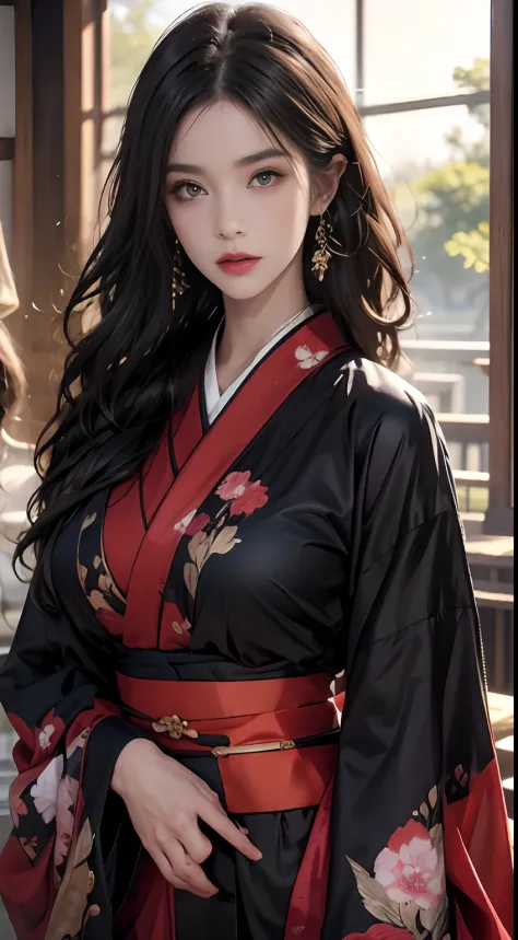Historic Buildings in Japan、Wearing a black kimono、Unreal Engine:1.4,nffsw,best qualtiy:1.4, Photorealista:1.4, Skin Texture:1.4...