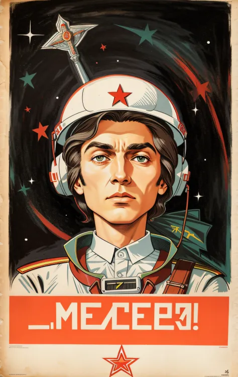 poster con un hombre de mediana edad, mirando hacia el frente con un mirada agresiva, Soviet Propaganda Poster Style