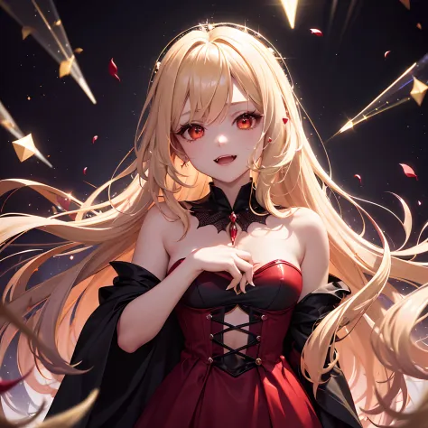 finest image, detailed and delicate depiction, deformed, cute vampire, cute shining fangs, messy blonde medium hair, red dress and black cloak, wings, iridescent light glass crystal metal-plated fantasy room, background that emits fantastic light, light pa...