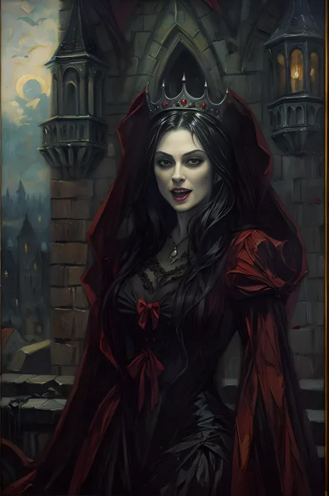 dimly lit, (oil painting:1.3) of an (alluring vampire queen), (fangs:1.2), noble clothing, gothic castle background