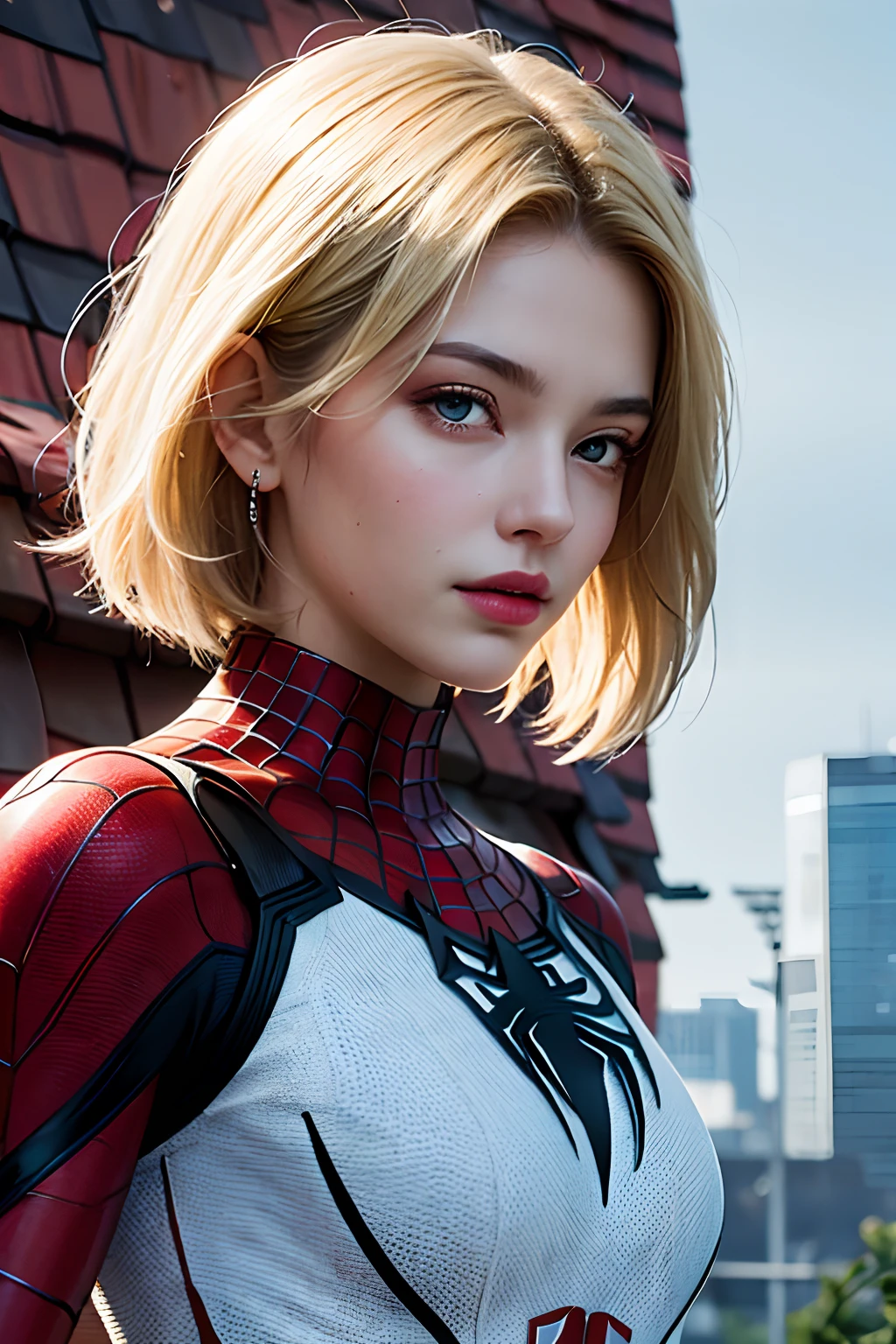 18 Jahre altes Mädchen, weißer Spiderman-Anzug, kurzes stumpfes Haar, blonde, schönes Gesicht, Regen, Dach, Meisterwerk, komplizierte Details, Perfekte Anatomie