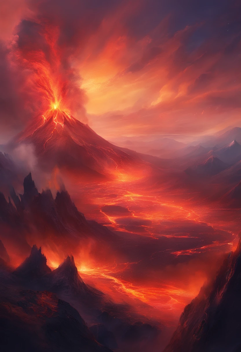 A red and orange volcano with lava and lava in the sky - SeaArt AI