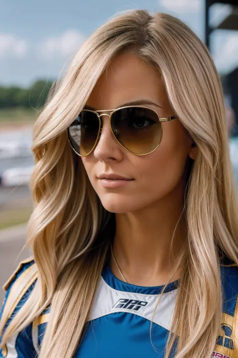 blonde female racedriver, aviator glasses, race suit, race car, long hair, intricate details