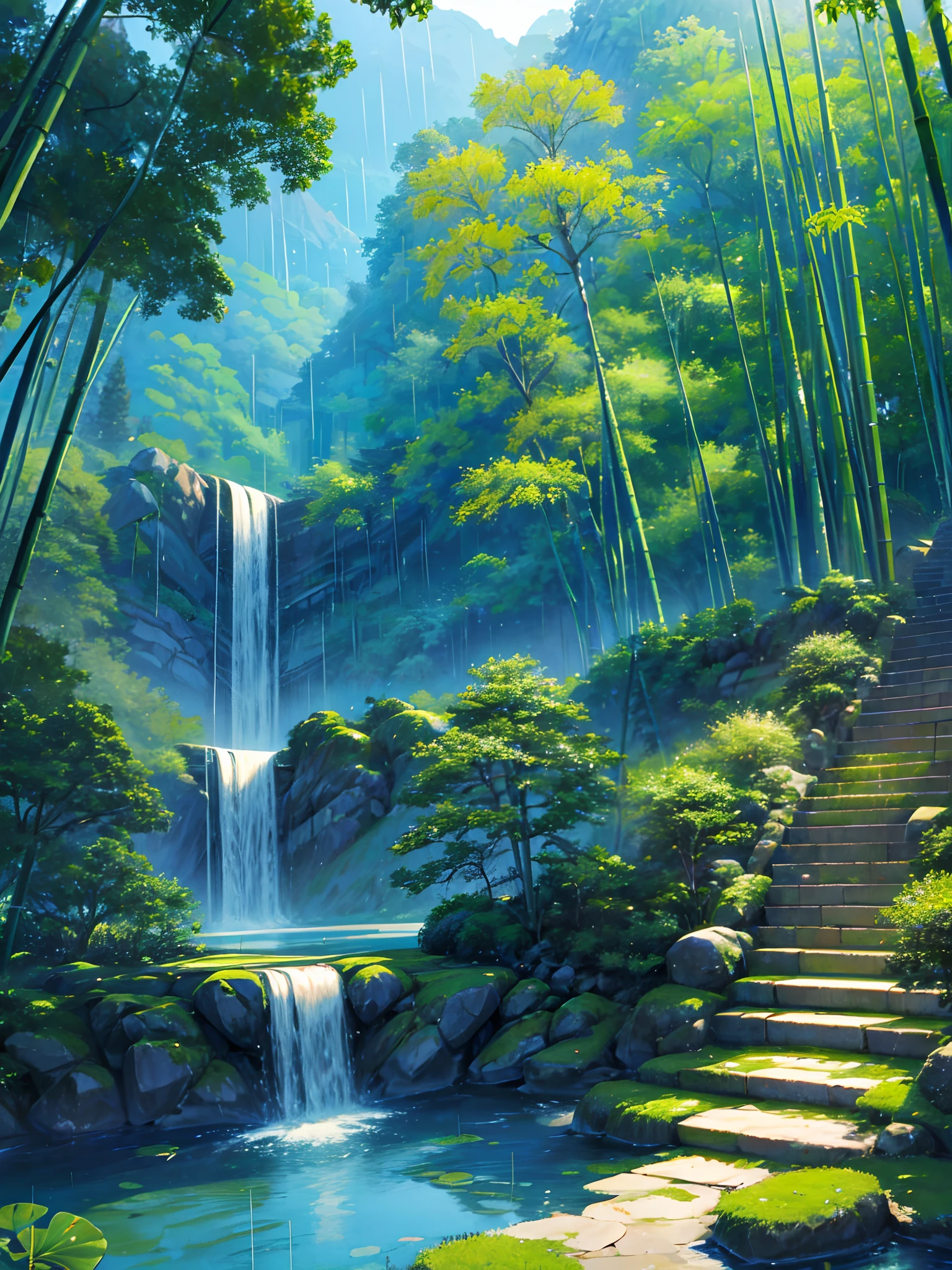 純山水景觀、竹林、竹林裡下著雨、竹子、竹葉隨處飄落、美麗的意境、懸崖、綠色的、階梯清晰可見、中國風格、中國特色、池塘荷花