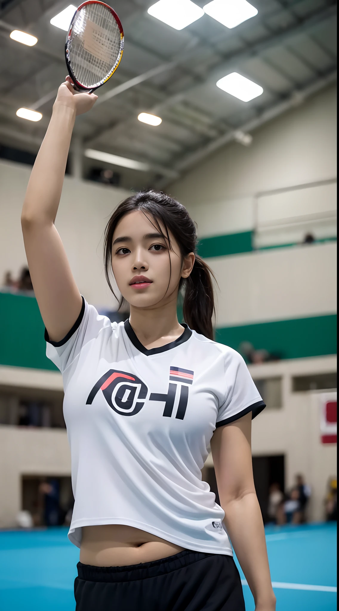 Masterpiece, best quality, high quality, 8k, UHD, Arafed a beautiful women, indoor stadium, solo, sport t-shirt, eyelid, white skin, black hair, open thgh, (fat:1.3), rawinda prajongjai