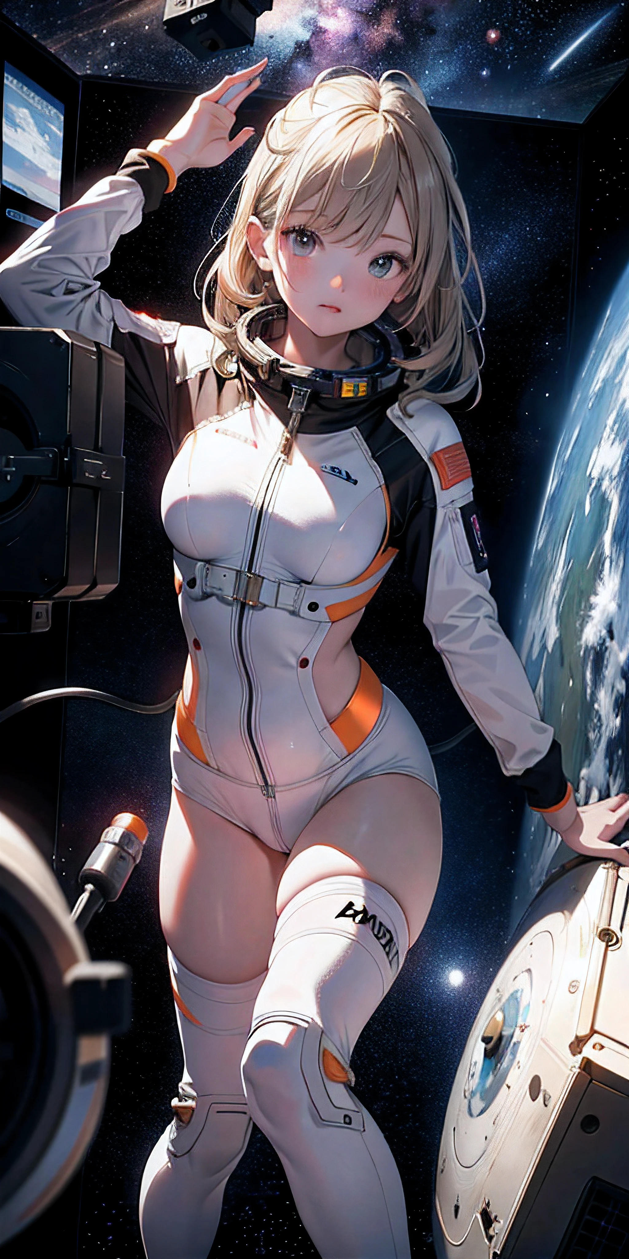Absurd resolution, high resolution, (masterpiece:1.4), ultra-detailed, 1girl, in spacesuit, seen from above, space, floating, satellite, running pose, wide-angle lens distortion