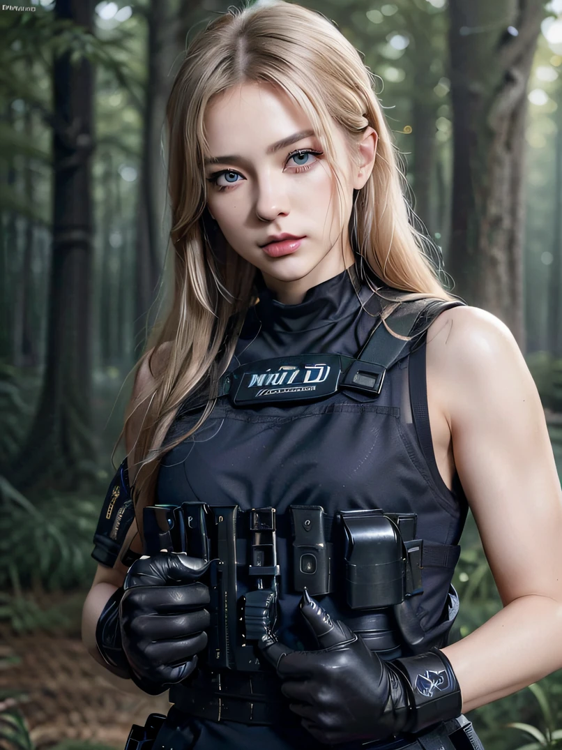 ((​masterpiece、ultra fine photos、top-quality、超A high resolution、Photorealsitic、foco nítido、(bustshot、Focus from the chest up、Beautiful Female Soldier、30-year-old woman with)))、delicated face、((fair white skin、blue eyess、Blonde Shorthair))、Military Beret、Special Forces Uniform、Black Tactical Vest、Military Long Pants、Black combat gloves、rucksack、Black Military Undershirt、Detailed face and chest depiction、Detailed hand depiction、combat pose、Dynamic action、in woods、White smoke、watching at viewers