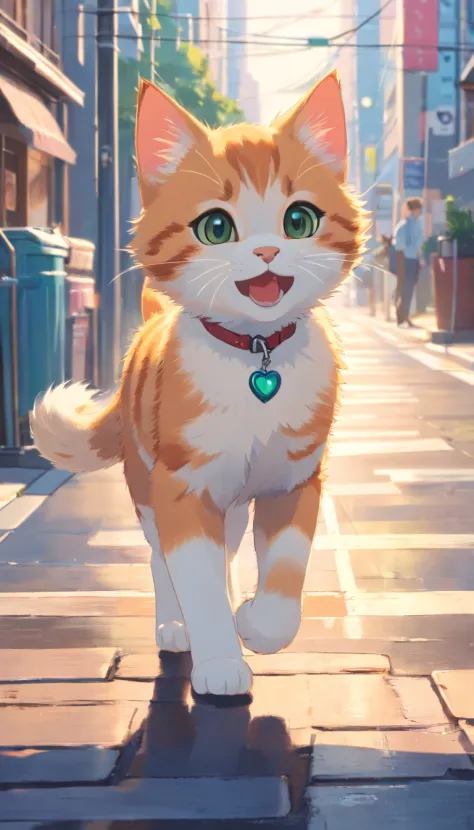 **[cutecore, Tiny cores, The heart of nature] A cute kitten walking in the street, Looks fun, Pixar style eyes