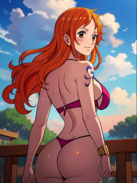 Nami from one piece,showing the ass,back veiw,very light orange and yellowish haired girl,beautiful brown eyes, blushing cheeks,in a clouds in the sky smiling at the viewer,large breasts,blushing on the cheek with a free hair . She should be wearing a anci...
