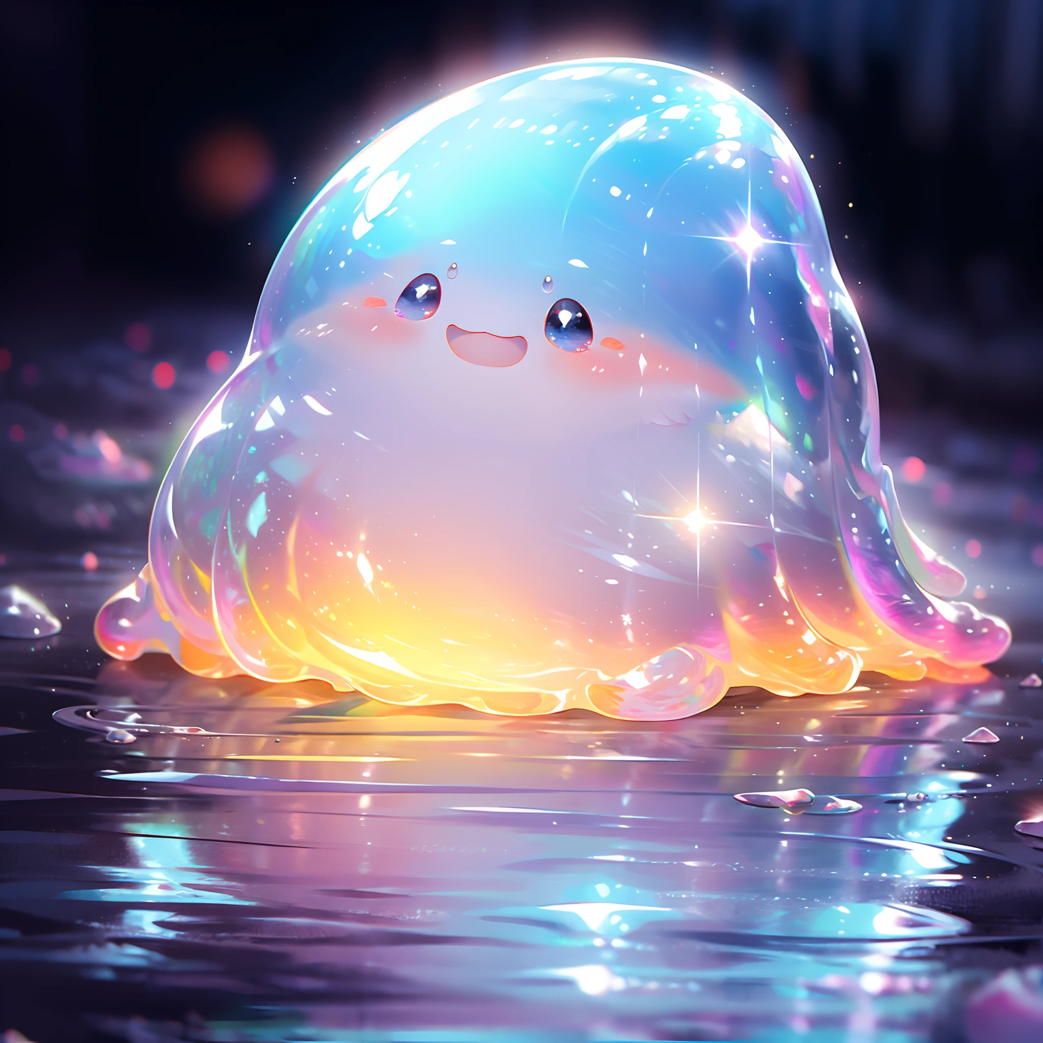 Glossy iridescent colorful slime, Cute face,Vivid and translucent texture, Slime stretch and squash, Detailed, Seductive patterns and swirl, Sparkling and reflected light, Fun to touch and play with, A masterpiece of high resolution, Vivid colors, Illuminated by soft studio lighting.