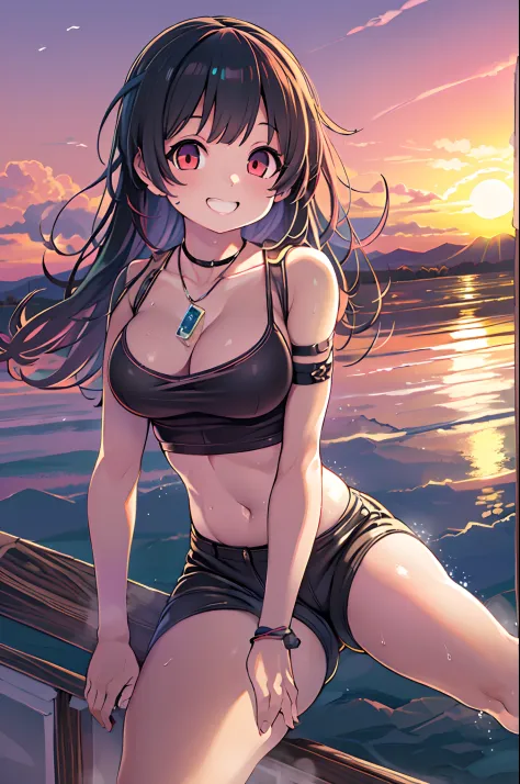1girl in, Photo models, Smile, focus on viewer, Beautiful lighting, Best Quality, masutepiece, 超A high resolution, Anime style, Black hair, Short tank top, Short pants, Long stockings, medium breasts, White skin,( Sunset background:1.4)