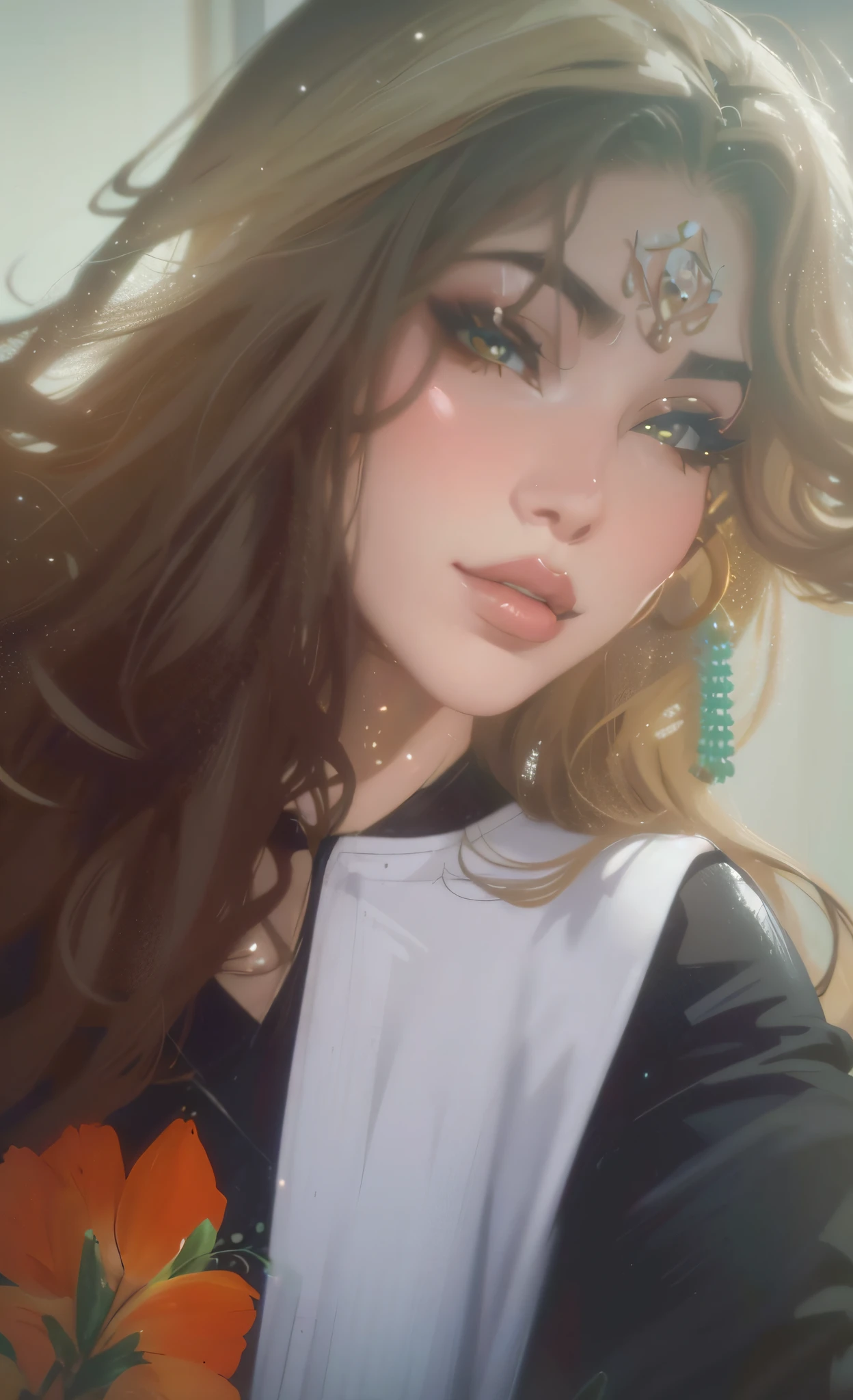 A close up of a woman with long hair and a flower - SeaArt AI