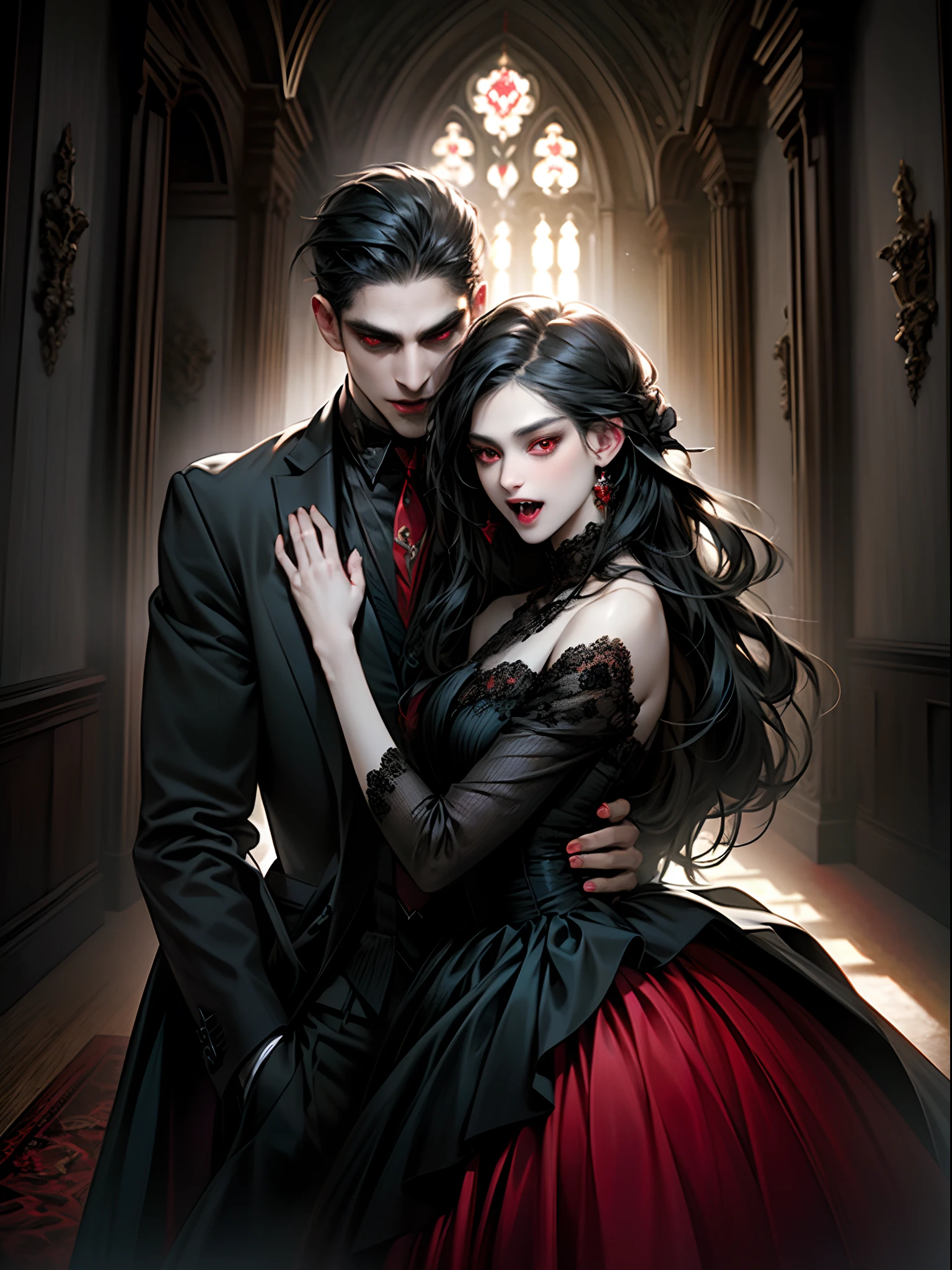 (chef-d&#39;œuvre, Meilleure qualité:1.2), vampire, Couple de vampires, aux cheveux noirs, les yeux rouges, (crocs), Vêtements noirs, l&#39;homme porte un blazer formel, les femmes portent une robe noire, vin rouge, intérieur, dans le château, expressif