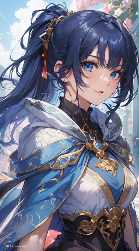 top-quality、Top image quality、​masterpiece、girl with((cute little、18year old、Best Bust、Medium bust、Bust 85,Beautiful blue eyes、Breasts wide open,Ponytail with black hair、A slender、Blue hair mesh、white t-shirts,red cloak、falda corta,Laugh、Leaning forward、le...