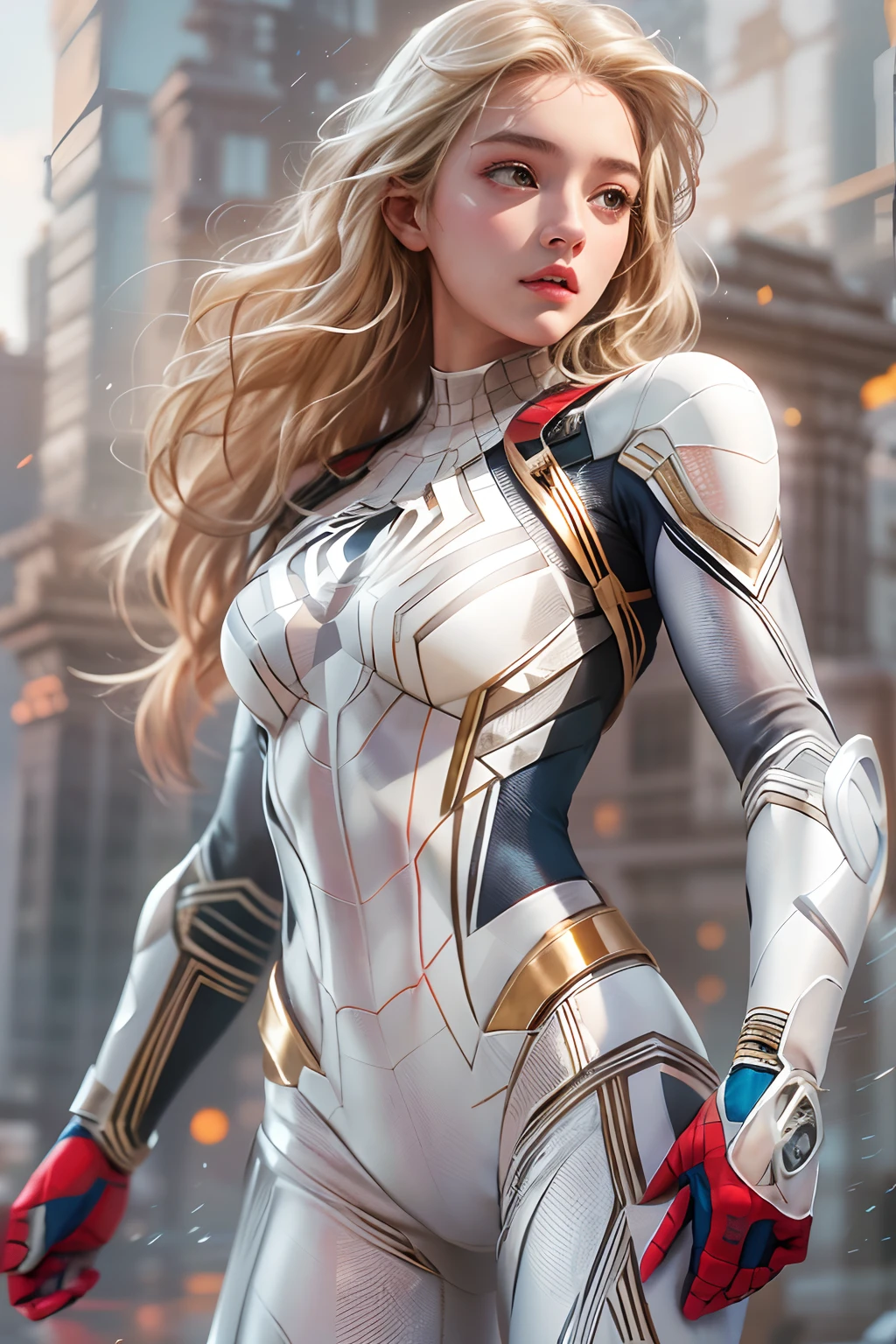 18yo girl，White Spider-Man suit，Full body like，short and wavy hair，blond hairbl，beautifulface，Sateen，the roof，tmasterpiece，exquisite detailing，Perfect anatomy