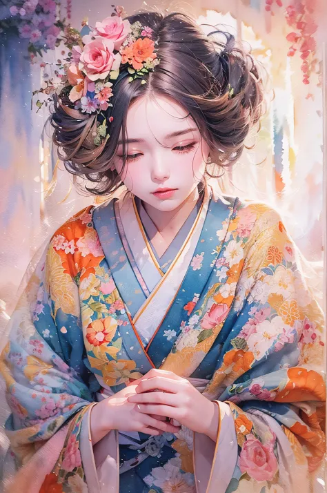 A woman in a kimono waiting for her love. She can hardly stand still, worrying about her loved one who has gone to the war.(Wate...