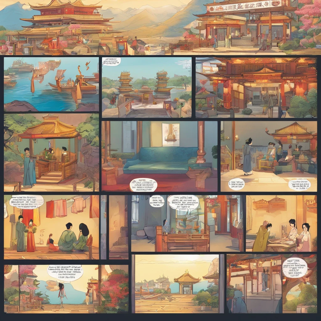 A comic strip with a picture of a chinese town and a river - SeaArt AI