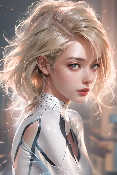 18yo Girl，White Spider-Man suit，Full body like，short and wavy hair，short detailed hair，blond hairbl，beautifulface，Sateen，the roof，tmasterpiece，exquisite detailing，Perfect anatomy