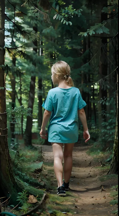 A beautiful little blonde girl walking in a beautiful forest with her back to camera, Very close to the screen