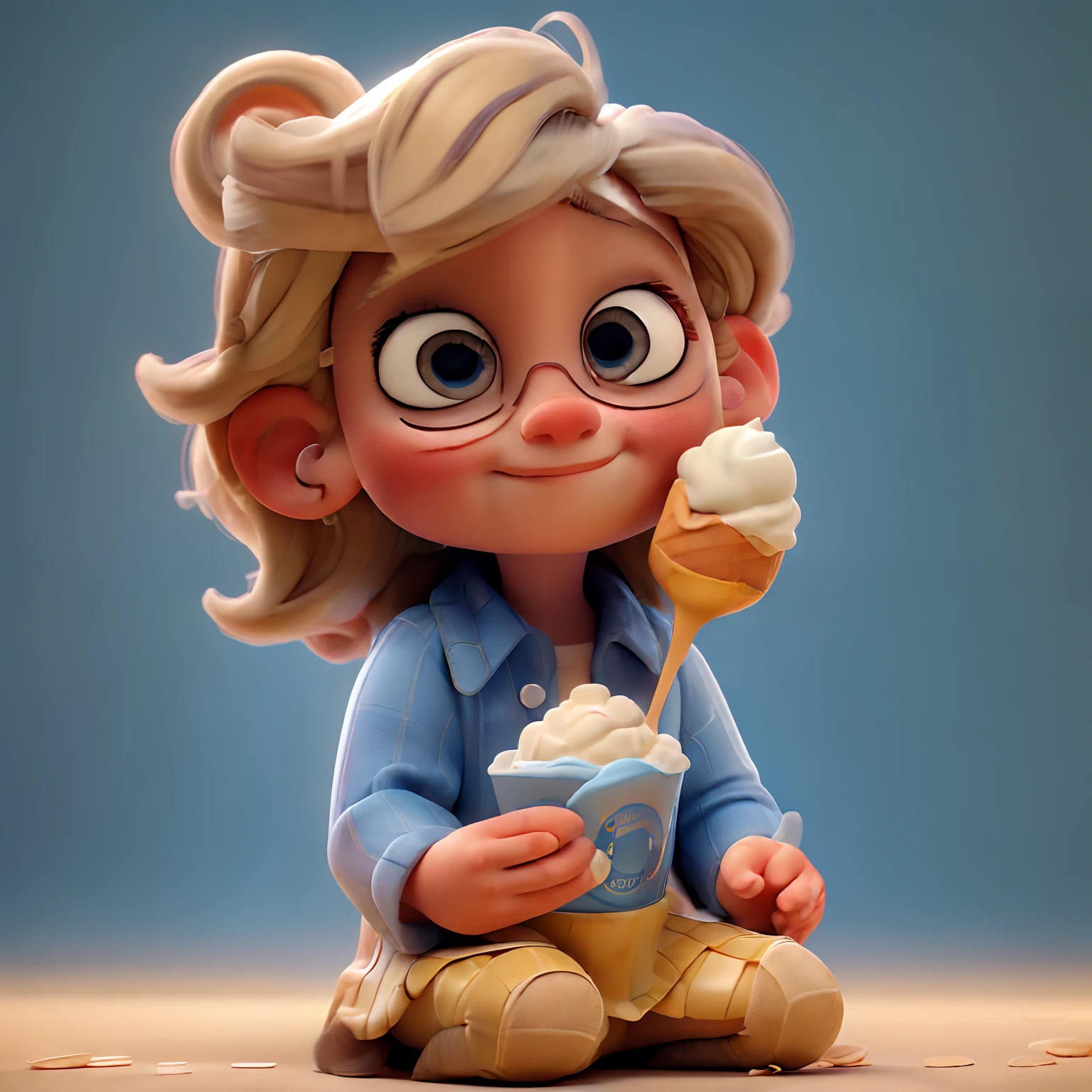 Une petite fille blonde aux yeux bleus portant une robe de princesse Disney bleue, tenant une glace sur fond de ville colorée.