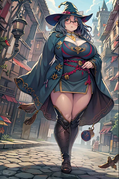Fantasy,magic power,Realistic Girl Witch、(bbw:1.2)、huge-breasted、Anime style、Round glasses、Medieval cityscape、Ultramammy
