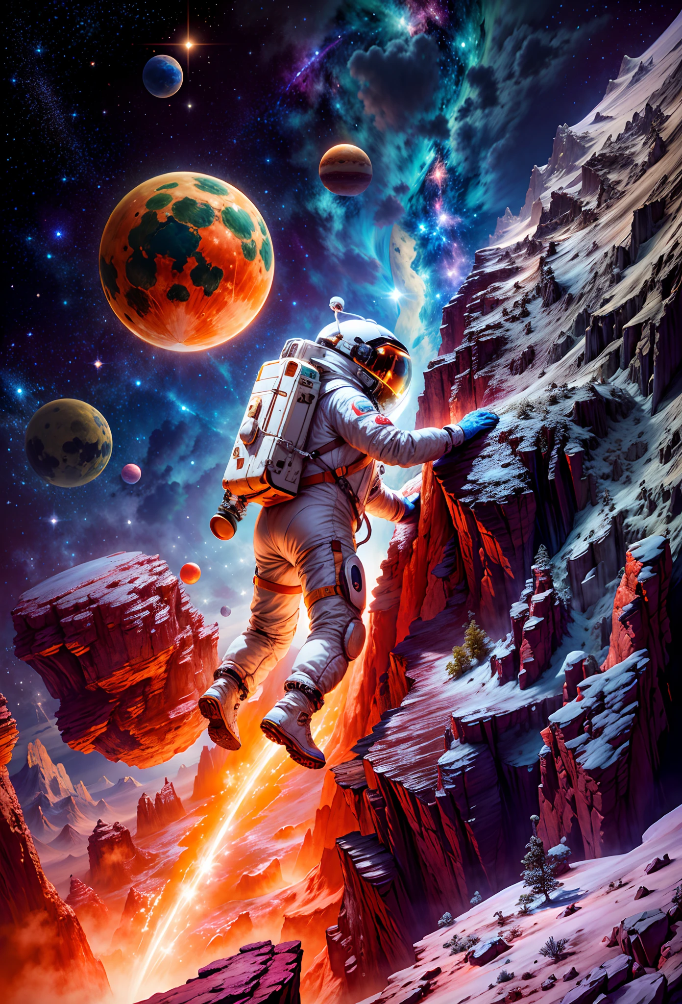 (Close-up，Best quality,4K,8K,A high resolution,Masterpiece:1.2),Ultra-detailed,(Realistic,Photorealistic,photo-realistic:1.37),Exotic dreamy landscape, (Distant planetary sky, A man wearing a blue spacesuit made of futuristic cutting-edge technology, Close-up of climbing cliffs on Mars: 1.5), Ringed planets floating in the sky,illustration, bright and shining stars, Stunning galactic background,A feeling of mystery and tranquility,Magical atmosphere, A happy and peaceful scene,Surreal and ethereal colors,Textured landscape,Otherworldly environment, Magnificent view,Hazy and mysterious atmosphere,Dramatic lighting and shadows, Unique rock formations,A thrilling sense of adventure,Awe-inspiring natural wonders, Grandeur and sense of scale, Endless exploration possibilities，Spacesuit，DonMPl4sm4T3chXL，(Chinese high-tech spacesuit，High-detail spacesuit，China's next generation of astronauts)