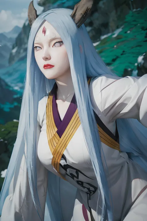 kaguya ōtsutsuki.  a woman was standing in the hills wearing a tight, tracing white kimono.  she had pale white skin worthy of s...