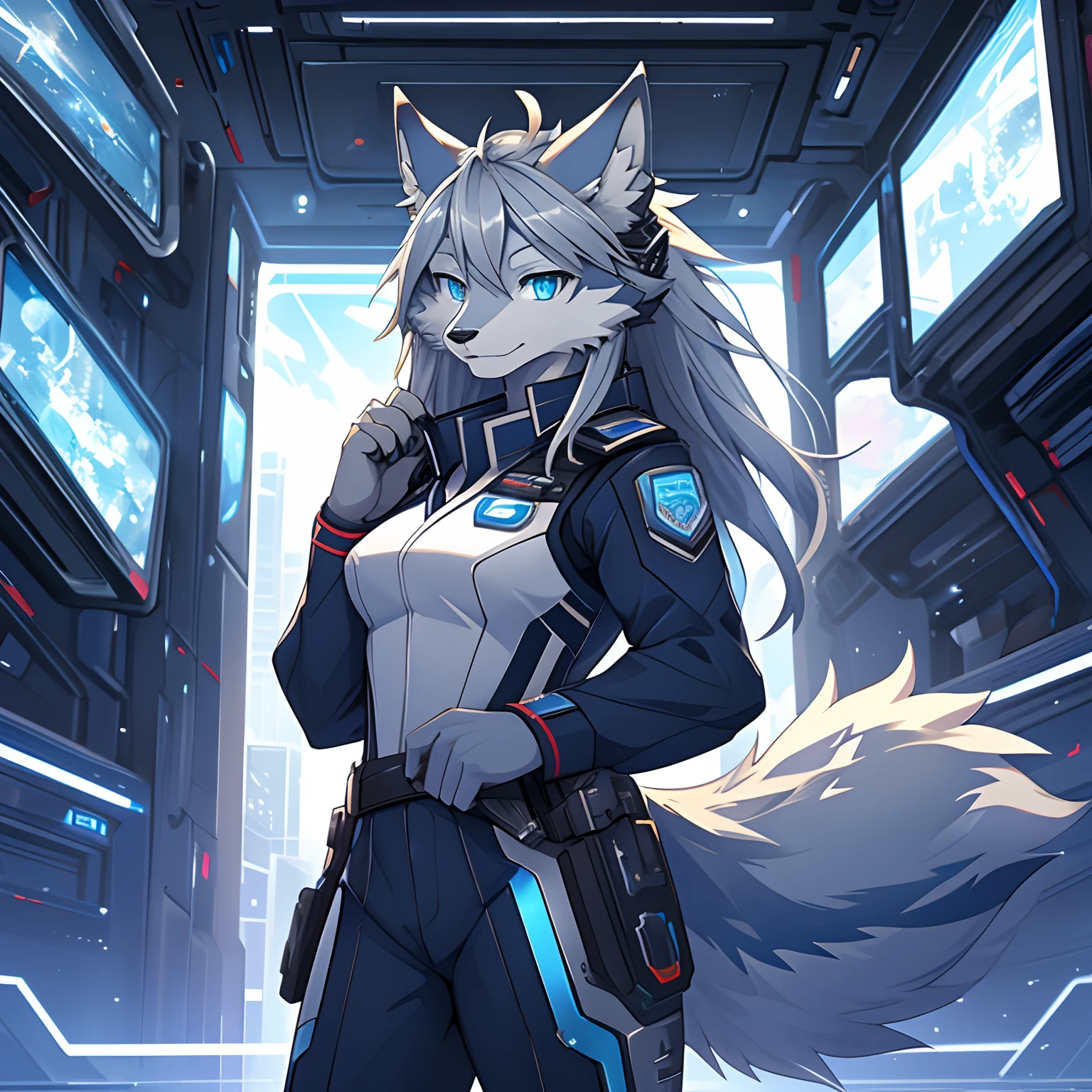 obra maestra, solo, 1 chica, peludo, kemono, lobo peludo, antropomórfico, femenino, blue eyes, (pelaje plateado, piel plateada), sci-fi uniform, ciudad de ciencia ficción, subido en e621,