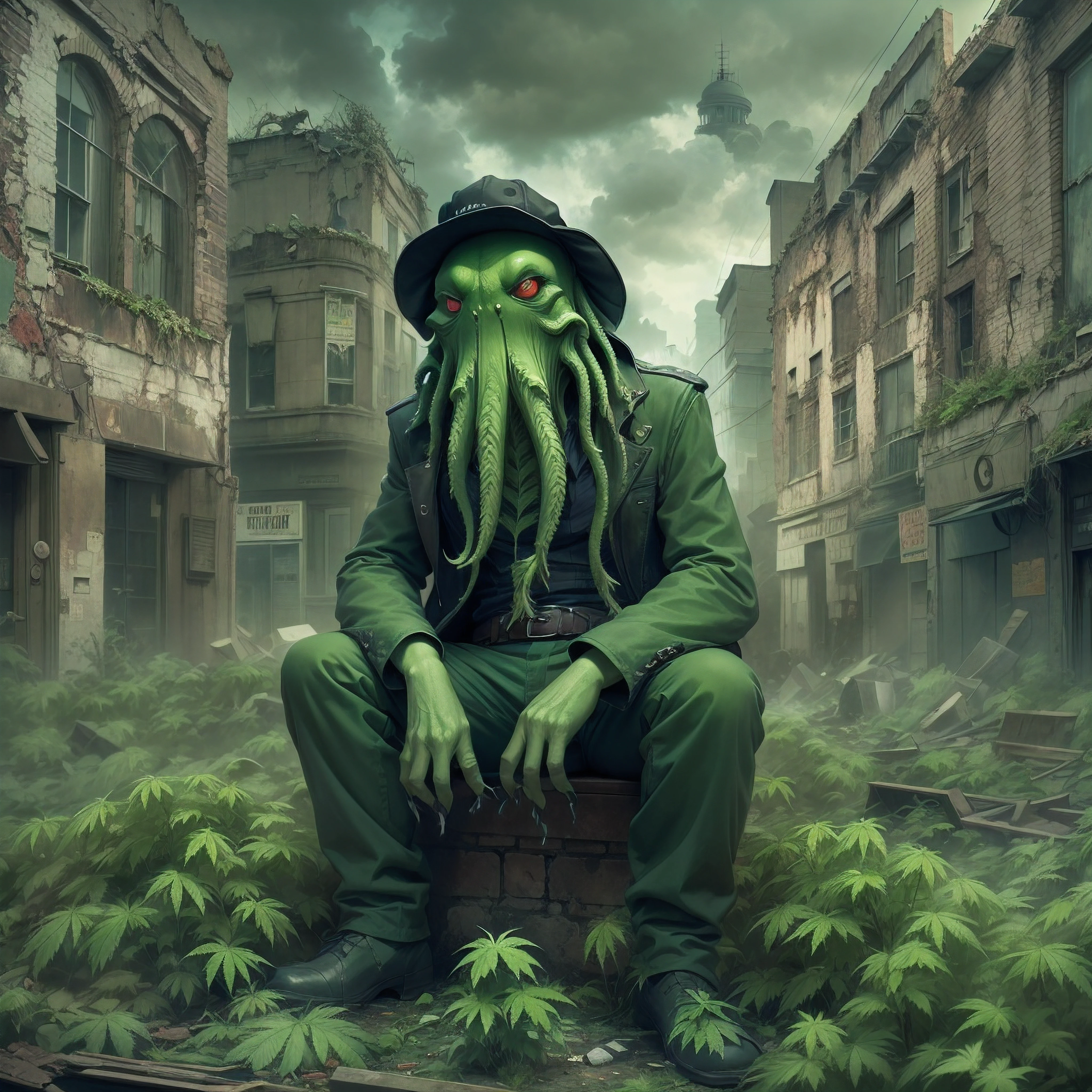 Cthulhu covered in marijuana wearing a BLACK flat cap hat is SMOKING MARIJUANA in the middle of the abandoned city