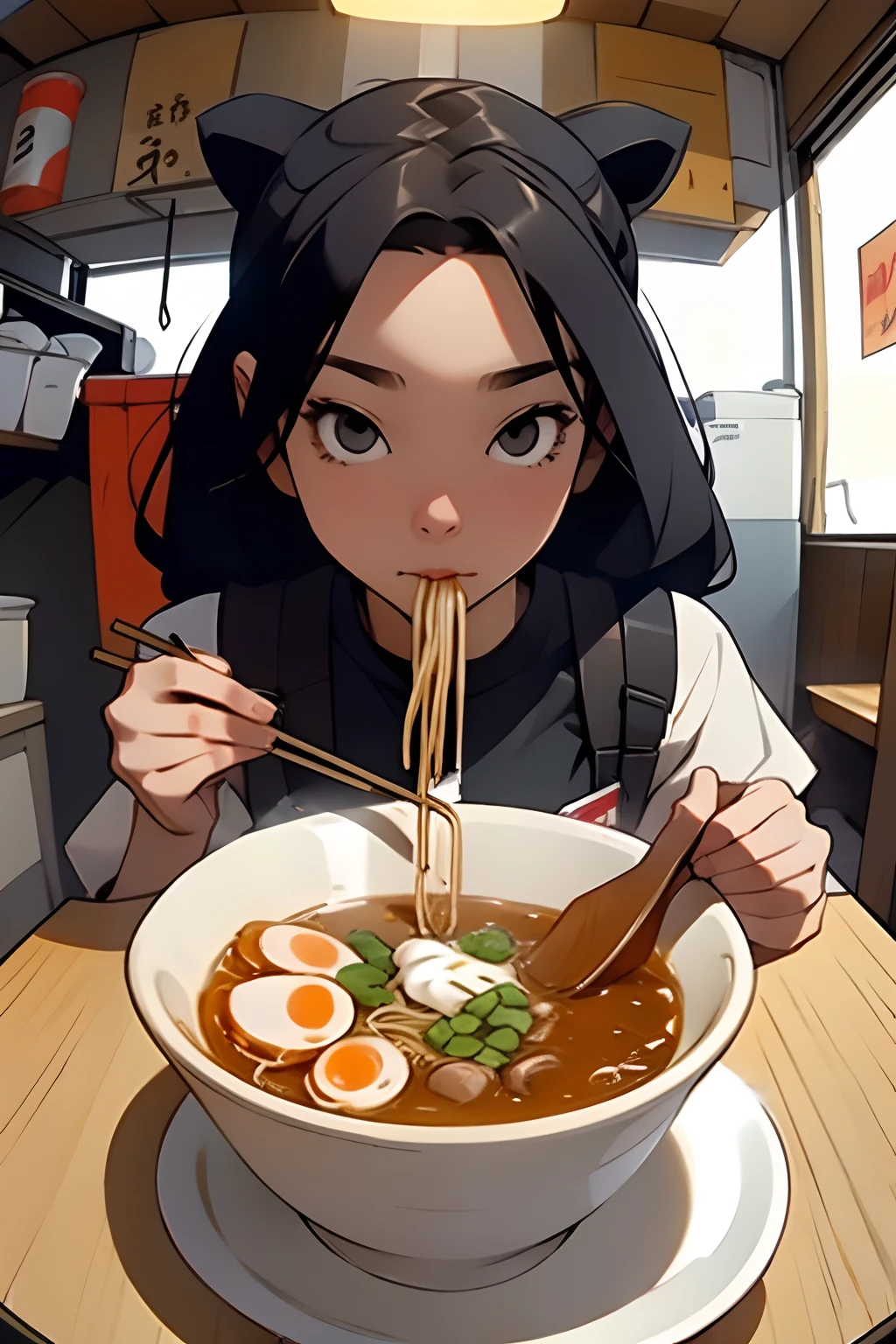 4K, alta qualidade, Garota comendo ramen, perspectiva