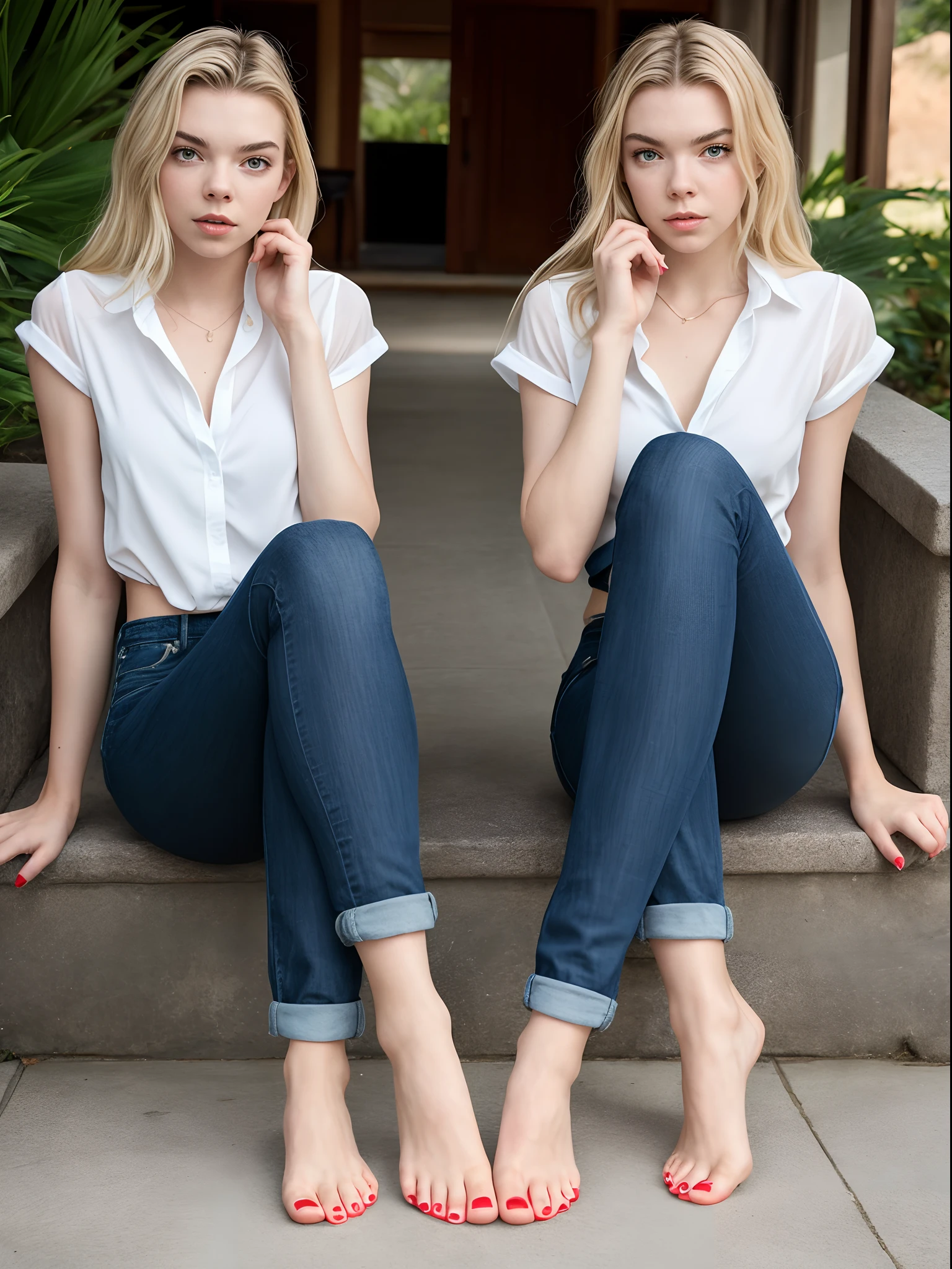 Two women sitting on steps with their feet crossed and one wearing red  shoes - SeaArt AI