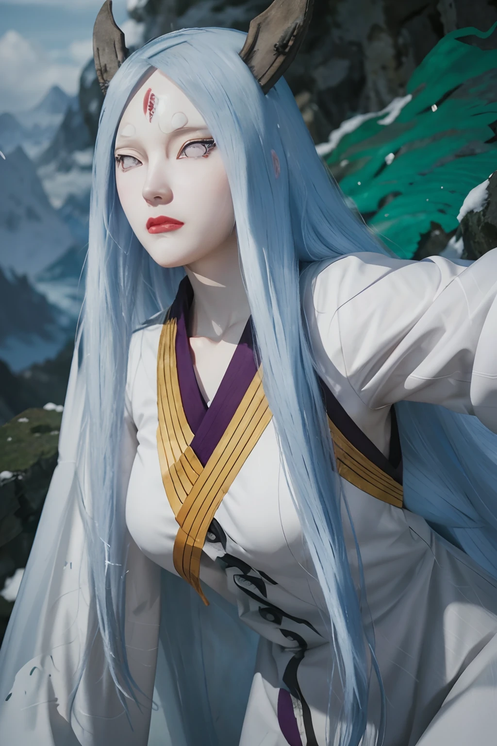 kaguya ōtsutsuki.  Una mujer estaba parada en las colinas usando un ajustado, kimono blanco de rastreo.  Tenía una piel blanca pálida digna de la nieve..  con diminuto, Labios rosados.  el tiene el pelo largo y azul.  parecía estar mirando fijamente a la cámara.  tan hermoso y realista