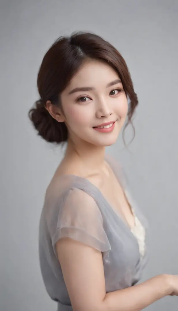 japanes, Beautiful woman like an actress、slim proportions、Soft light, Clear face, cheerfulness, Cheerful big, Smiling, Warm light, ((Off-white gradient background)), (Background)). ((Gray wall background)) , (Bob Cut Hair), Smile,  ,Skirt that wraps hips、E...