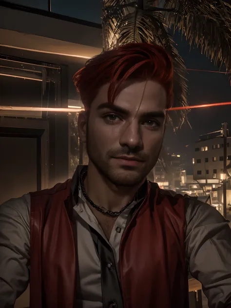 ultra realistic, dashing attractive male with bright red hair, embodies the look like constantine, shadow creature that’s behind...