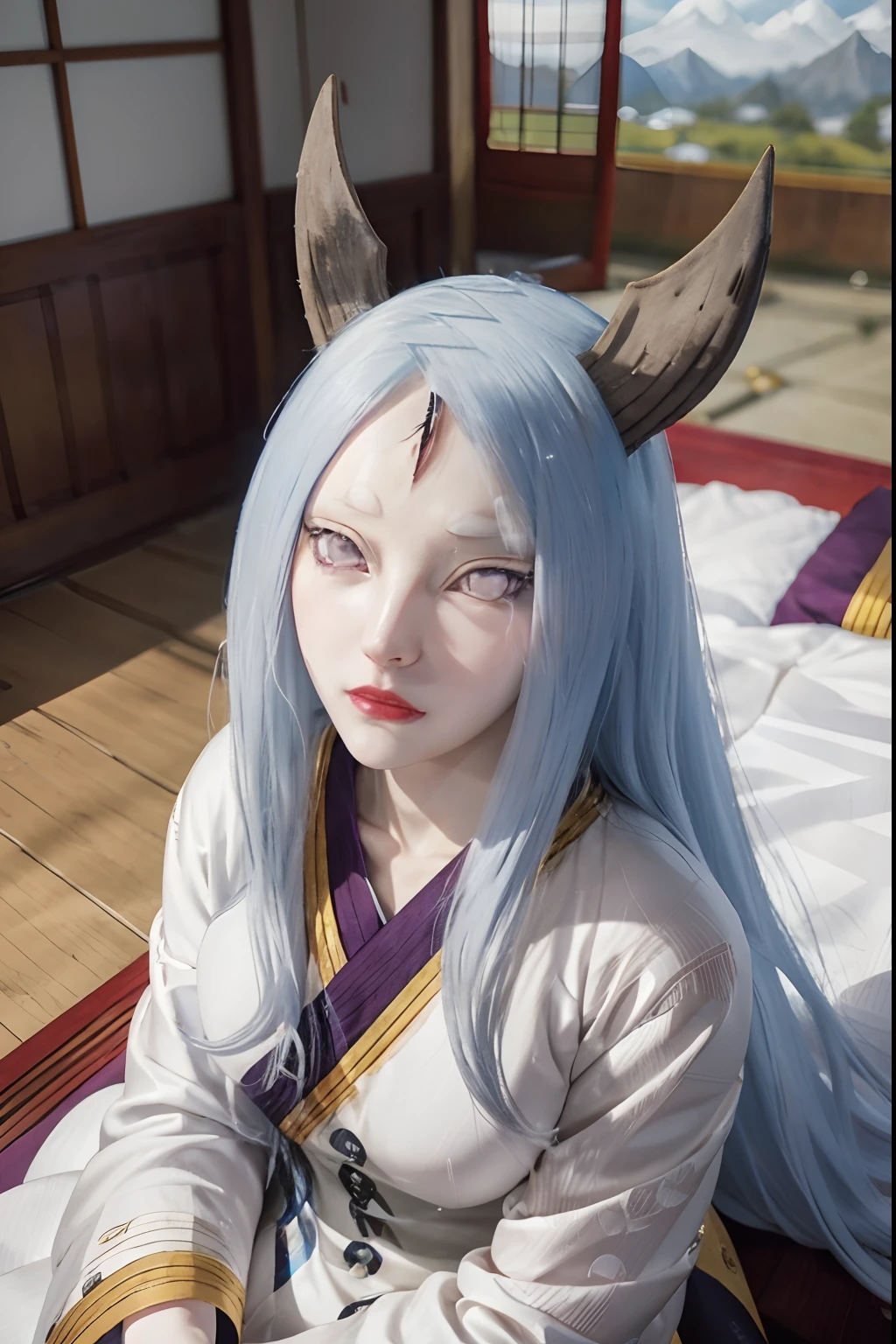 Anime - style woman with blue hair and horns sitting on a bed - SeaArt AI