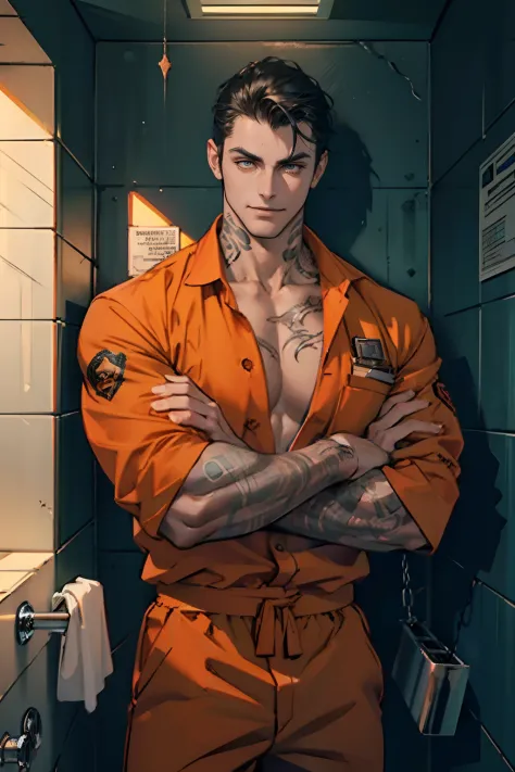 1 boy,Tall and strong,prisoner, perfect male body,look at the camera, (Orange prison uniform, Hold your arms, evil smile,tattoo,...