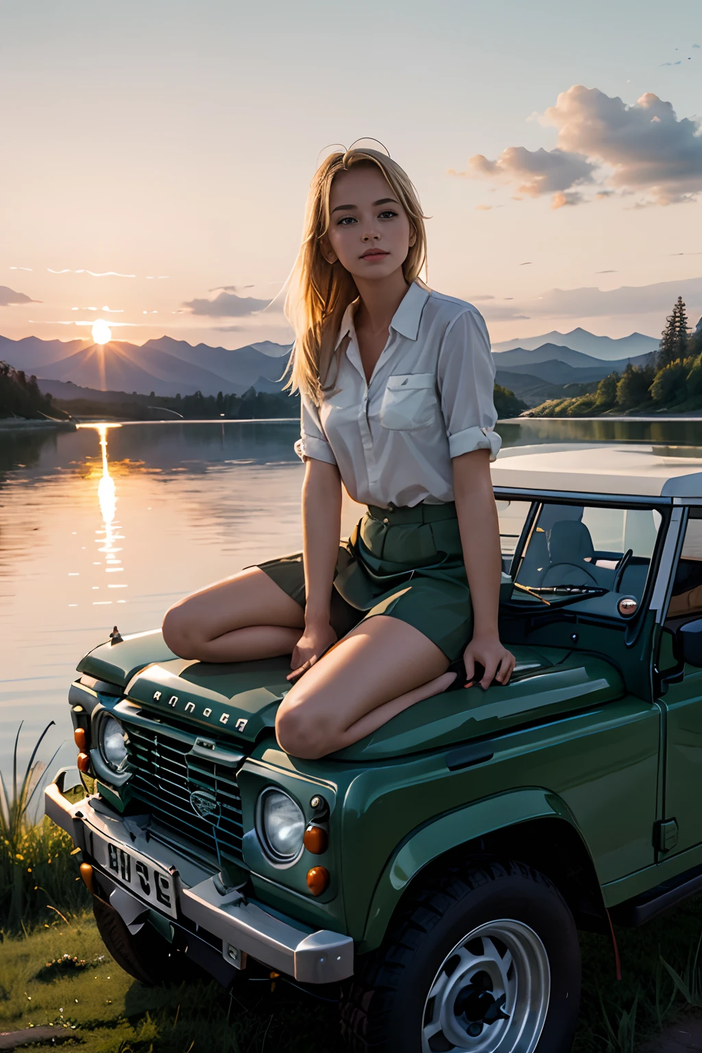 1girl 享受日落, 後面的湖風景不錯, 水彩风格, 坐在汽車引擎蓋上, 金髮女郎, 享受日落, 坐在路虎上, 路虎系列 III 109, 鼠尾草色, 停車.