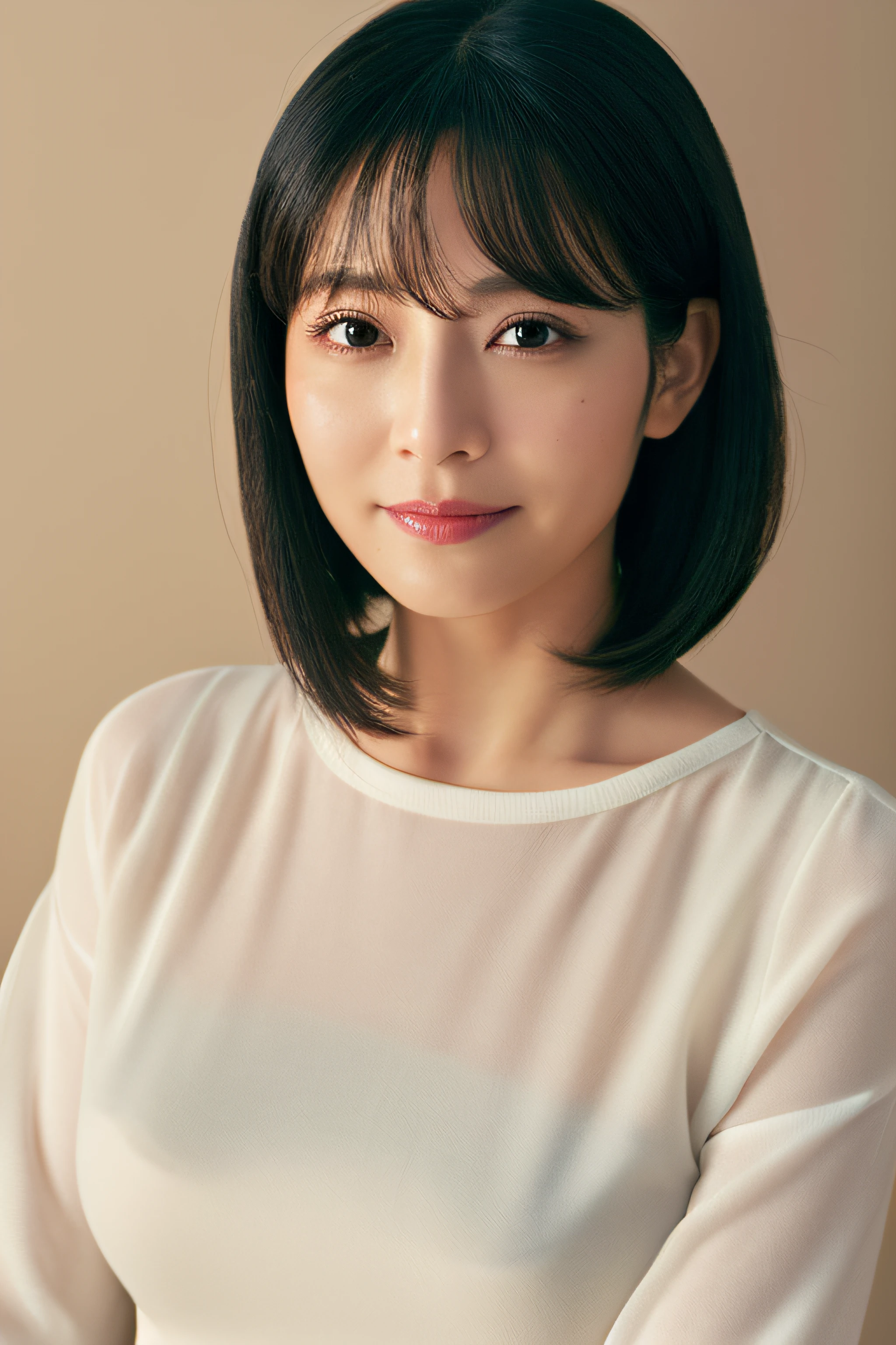 top-quality, 超A high resolution, (Photorealsitic:1.4)the real thing, realisitic, light skinned, A MILF, Black hair, Bob Hair, mole under right eye, Big Japan, White blouse