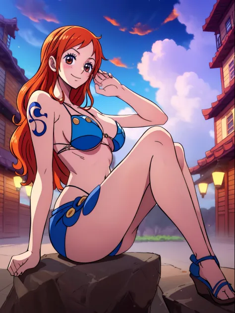 Nami from one piece,showing and spread the ass,back veiw, she sits on her knee in a sexy position,very light orange and yellowish haired girl,beautiful brown eyes, blushing cheeks,in a clouds in the sky smiling at the viewer,large breasts,blushing on the c...