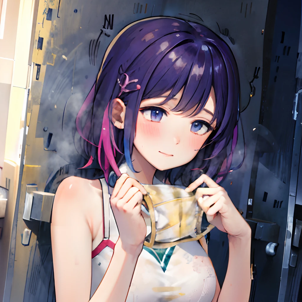 Locker Room。Woman with colorful hair, girl with, Soft vitality, Vibrant style, full of vitality, stunning art style, beautiful anime style, White skin, Hand holding underwear。Hentai。