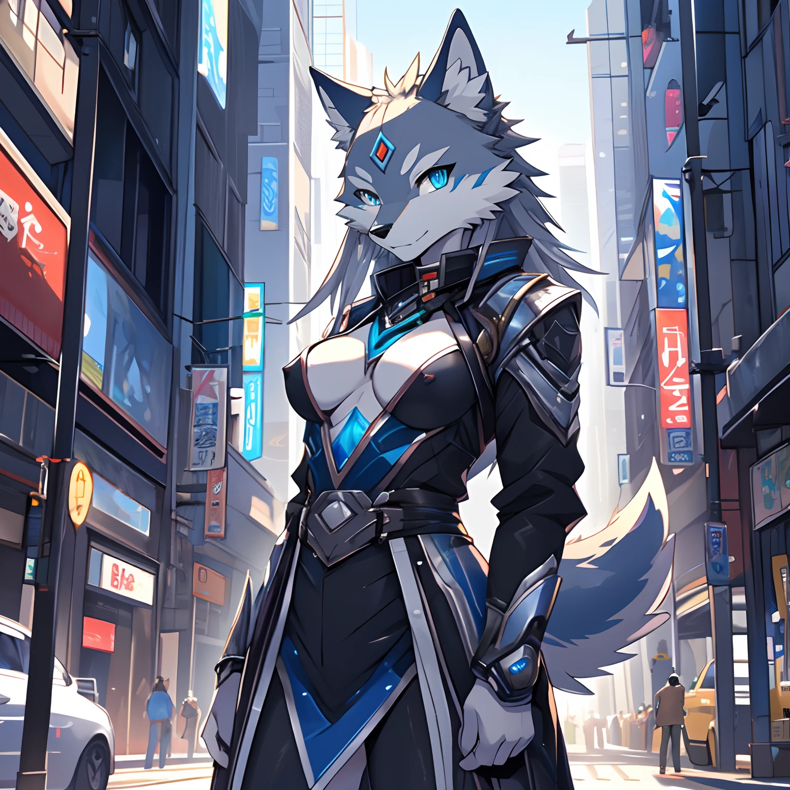 masterpiece, solo, 1girl, Furry, kemono, furry wolf, anthropomorphic, female, blue eyes, (silver fur, silver skin), sexy clothes, revealing clothes, sci-fi city, uploaded on e621, nsfw