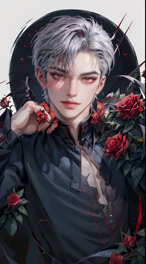 ((4K works))、​masterpiece、（top-quality)、((high-level image quality))、((One Beautiful Fallen Angel Man))、Slim body、((Vampire Black Y-Shirt Fashion))、(Detailed beautiful eyes)、((Red roses and crows on fantastic black background))、Inside the Evil Castle、((Fac...