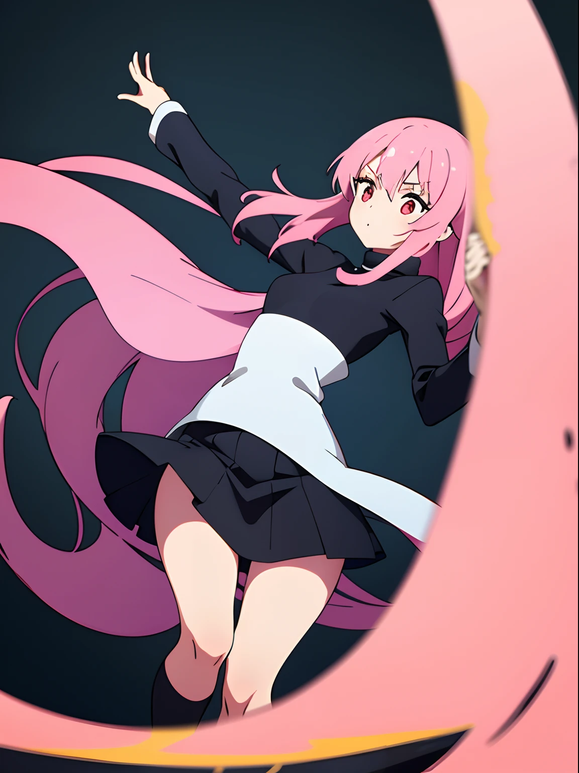 1girl, A poster movie with the main female character with medium-long pink hair, red eyes, black top with white turtleneck, pink and white arm sleeves, black skirt, black and red knee high socks, facing a little bit to the right